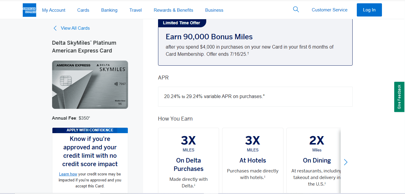 Screenshot of the official American Express webpage for the Delta SkyMiles Platinum Card.