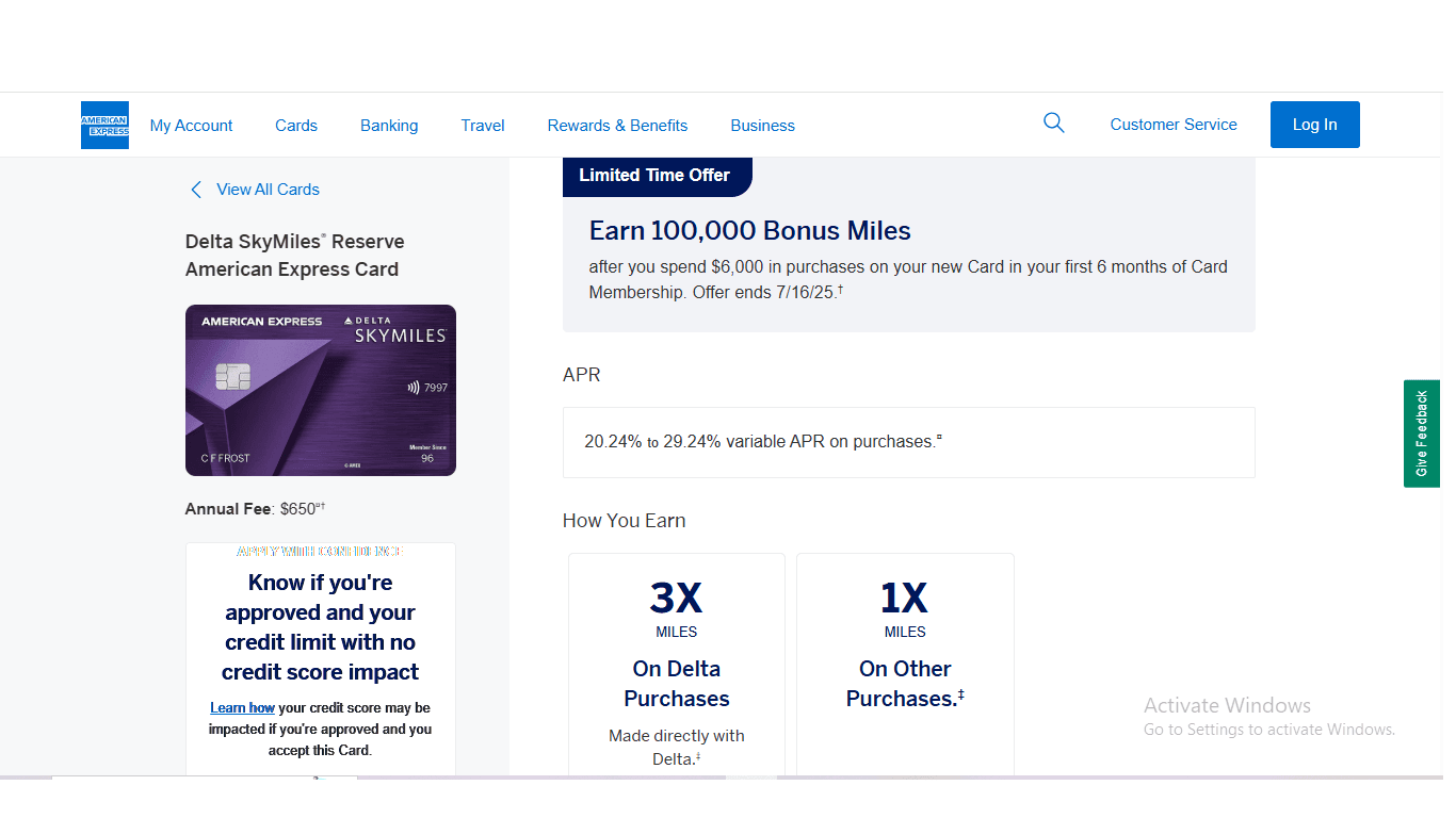 Screenshot of the official American Express webpage for the Delta SkyMiles Platinum Card.