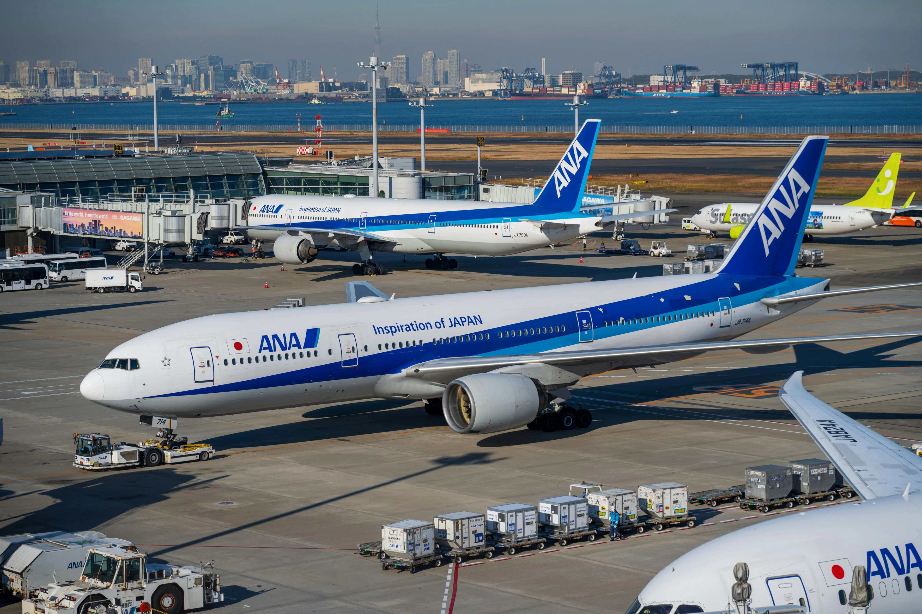 Traveler planning a trip with a laptop and credit card, with an airplane in the background